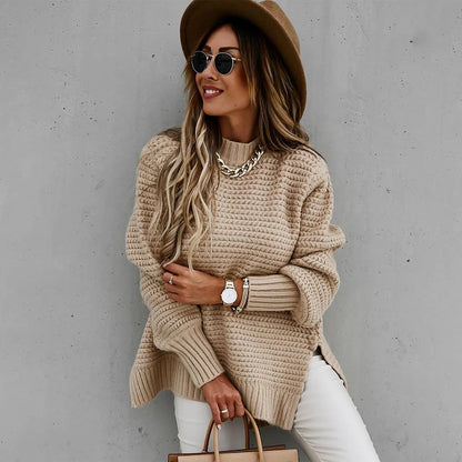 Women’s Sweater – Knitted – Relaxed Fit – Crew Neck – Ribbed Hem – Side Slits