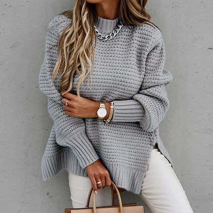 Women’s Sweater – Knitted – Relaxed Fit – Crew Neck – Ribbed Hem – Side Slits