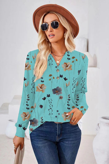 Women's Blouse - Relaxed Fit - V-Neck - Long Sleeve - Floral - Button Detail