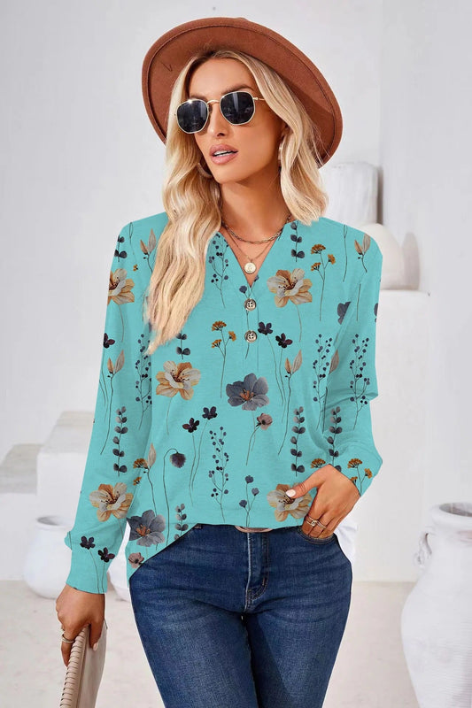 Women's Blouse - Relaxed Fit - V-Neck - Long Sleeve - Floral - Button Detail