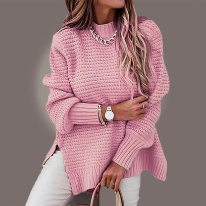 Women’s Sweater – Knitted – Relaxed Fit – Crew Neck – Ribbed Hem – Side Slits