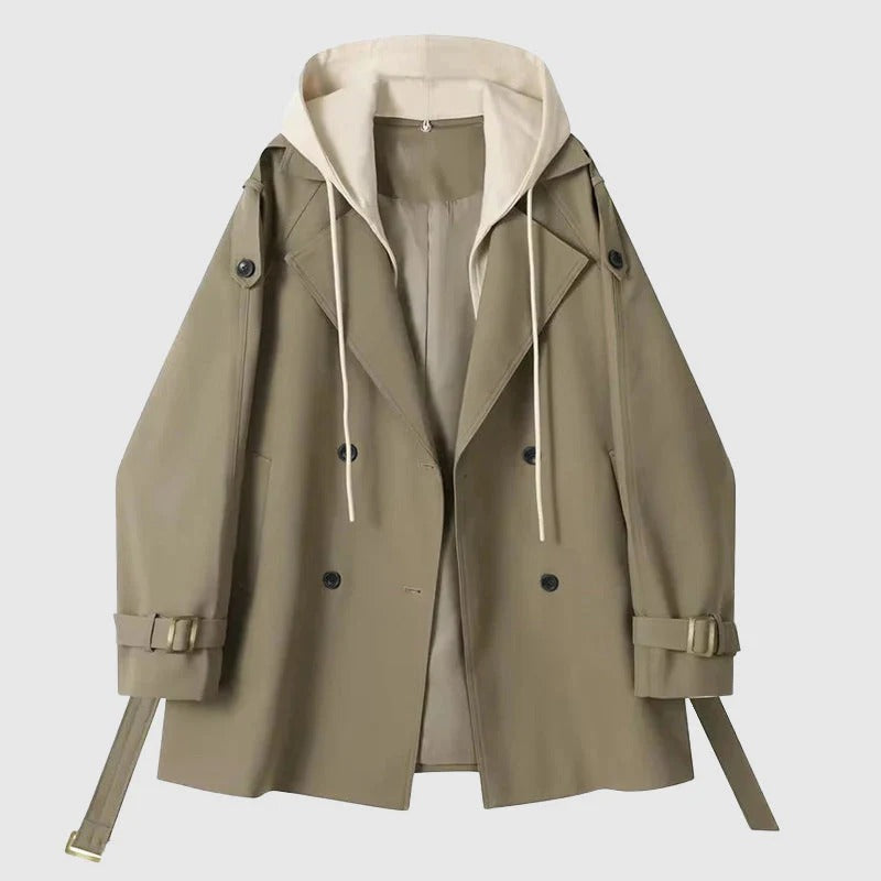 Women’s Trench Coat – Oversized Fit – Hooded – Double Breasted – Belted Cuff – Cotton