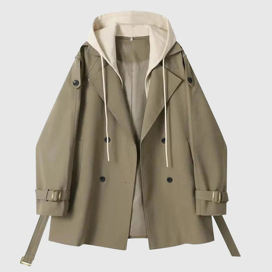 Women’s Trench Coat – Oversized Fit – Hooded – Double Breasted – Belted Cuff – Cotton