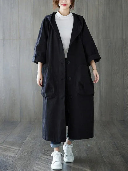 Women’s Trench Coat – Oversized Fit – Water-Repellent – Hooded Longline Style