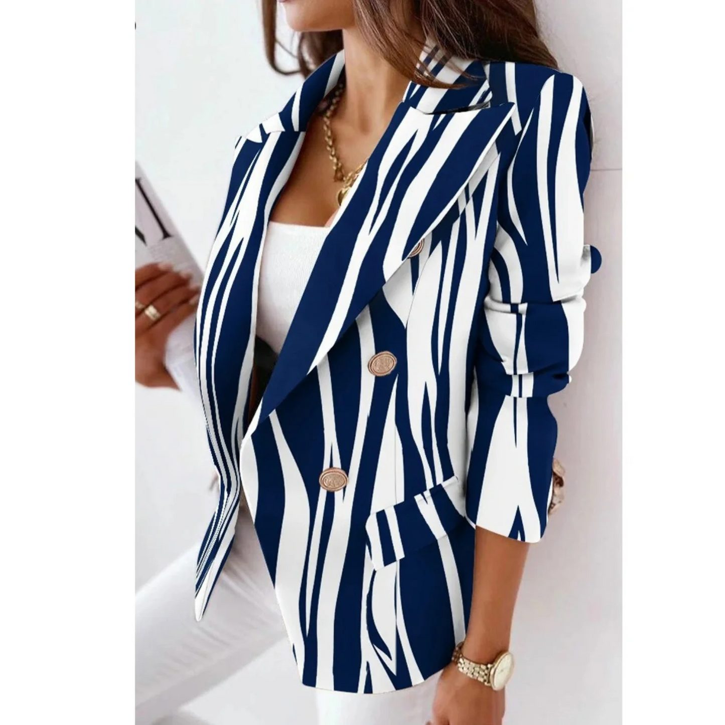 Women’s Blazer – Tailored Fit – Double-Breasted – Reversible Collar – Striped Pattern