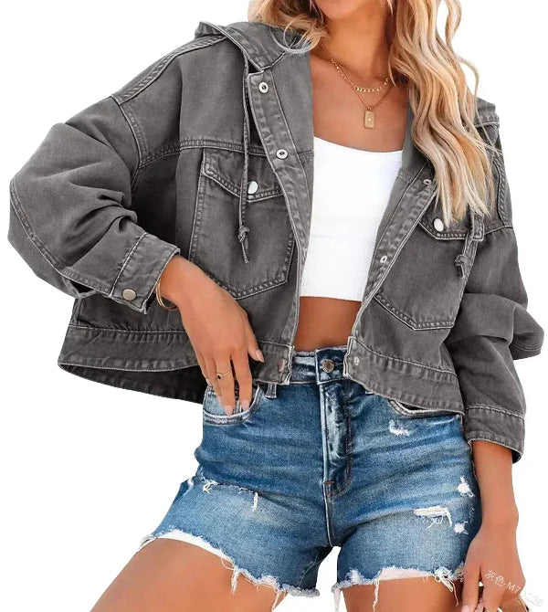 Women’s Denim Jacket – Relaxed Fit – Cropped Length – Hooded with Button Front