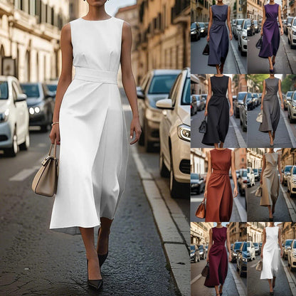 Women’s Midi Dress – Sleeveless High Neck – Fitted Waist – Flowing A-Line Silhouette