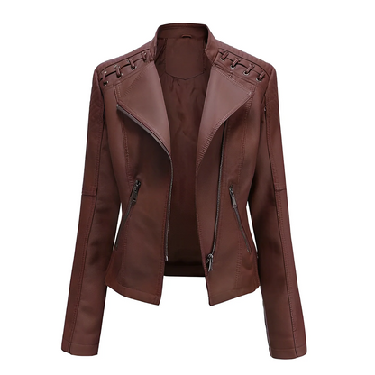 Women’s Leather Jacket – Tailored Fit – Asymmetrical Zip – Quilted Shoulders – Full Length Sleeves