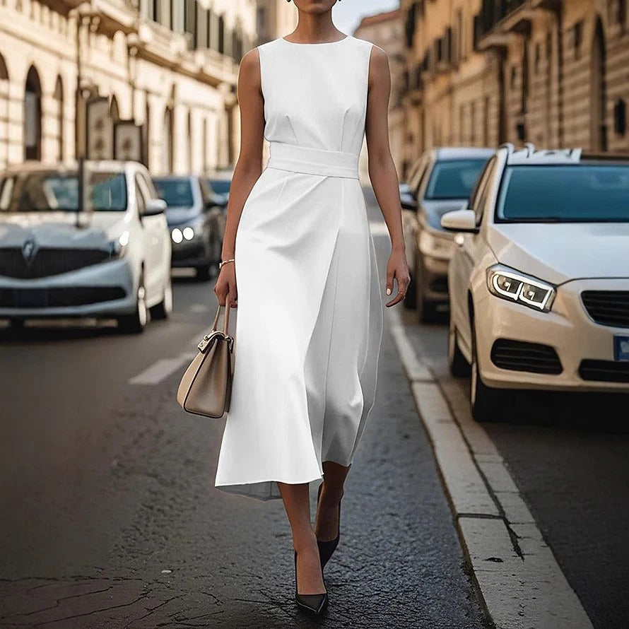 Women’s Midi Dress – Sleeveless High Neck – Fitted Waist – Flowing A-Line Silhouette