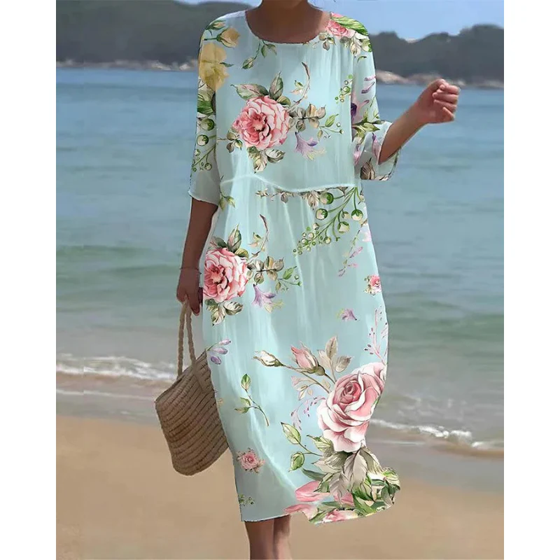 Women’s Midi Dress – Cotton – Relaxed Fit – Half Sleeve – Floral Print