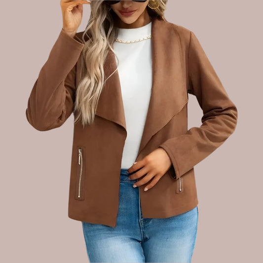 Women’s Jacket – Suede Look – Slim Fit – Waterfall Front – Full Sleeve – Hip Length