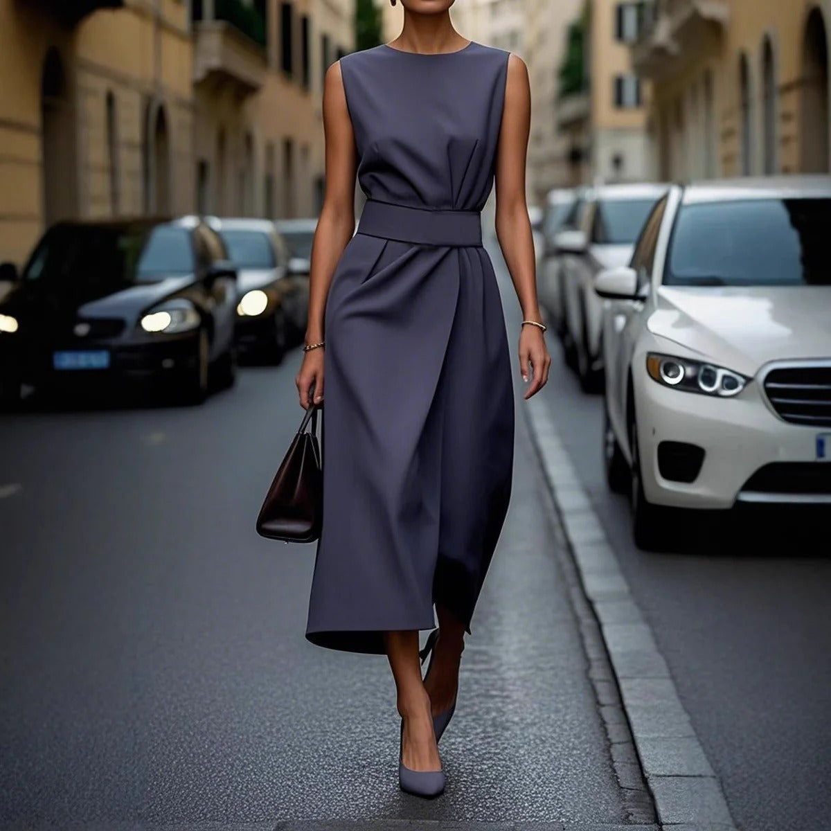 Women’s Midi Dress – Sleeveless High Neck – Fitted Waist – Flowing A-Line Silhouette