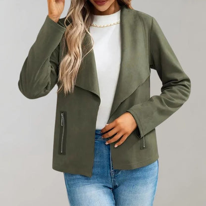 Women’s Jacket – Suede Look – Slim Fit – Waterfall Front – Full Sleeve – Hip Length