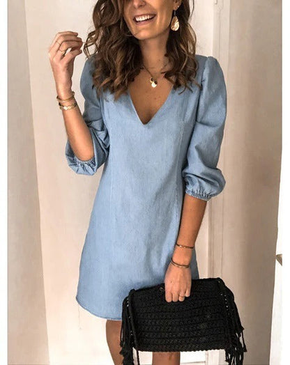 Women’s Denim Dress - Fitted Silhouette - Deep V-Neck - Puff Sleeve