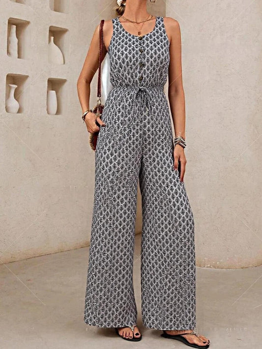 Women’s Jumpsuit – Sleeveless Relaxed Fit – V Neck – Drawstring Waist – Breathable Blend