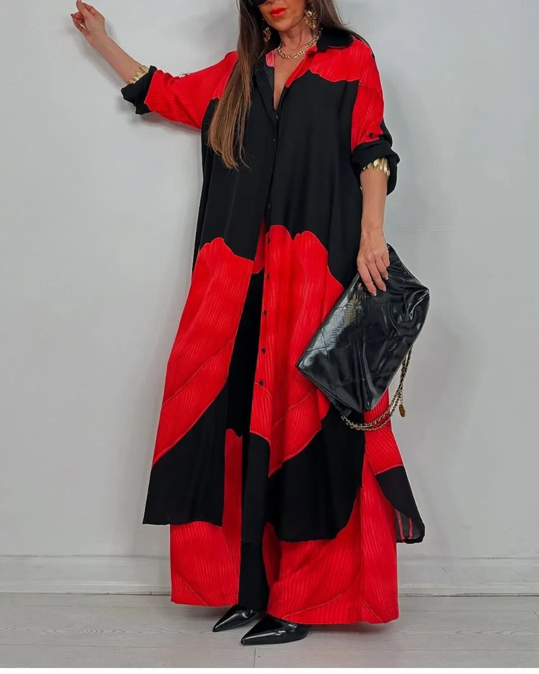 Women’s Two-Piece Set – Button-Down Tunic Shirt – Wide-Leg Pants – Oversized Fit