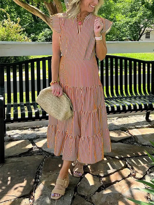 Women’s Midi Dress – Cotton – Relaxed Fit – V-Neck – Striped Tiered Skirt – Flying Sleeves