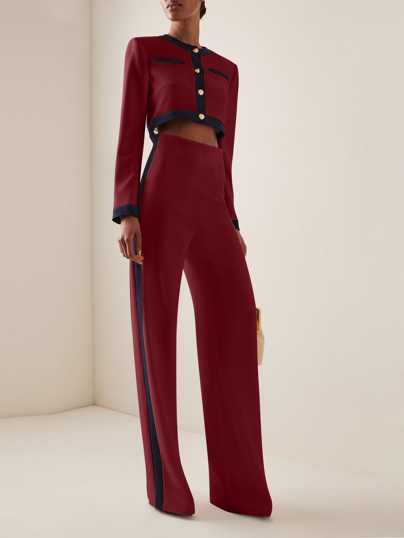 Women’s Pantsuit Set – Cropped Blazer – High Waist Wide Leg – Contrast Trim – Tailored Fit