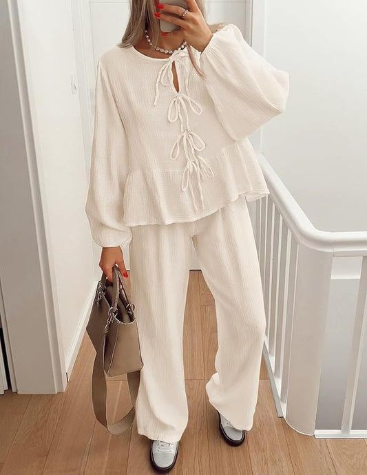 Women’s Two-Piece Set – V-Neck Tie-Bow Top – High-Waist Wide-Leg Pants – Relaxed Fit