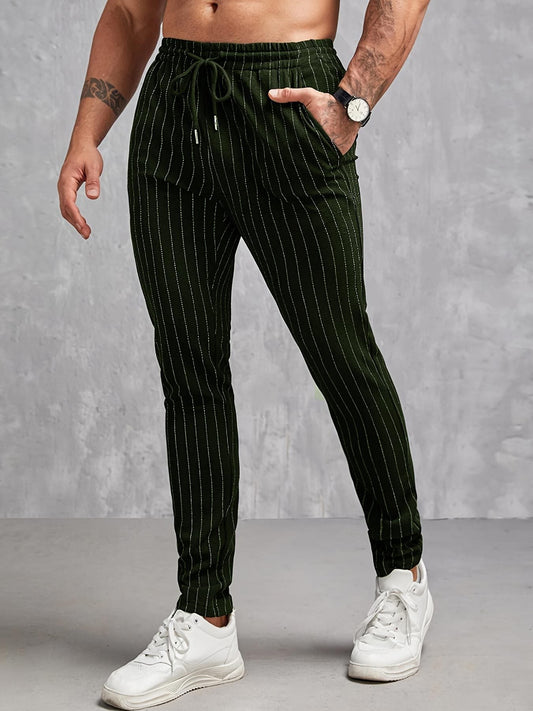 Men’s Trousers – Slim Fit – Cotton Blend – Elastic Waist – Drawstring – Pinstripe