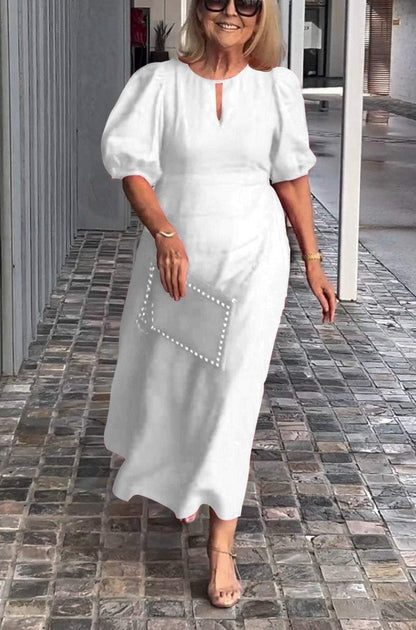 Women’s Midi Dress – Loose Fit – Puff Sleeves – Cotton – Round Neck Keyhole