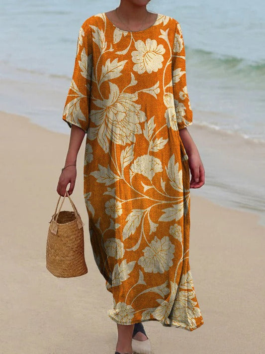 Women’s Midi Dress – Loose Fit – Cotton Blend – Long Sleeve – Retro Floral Print
