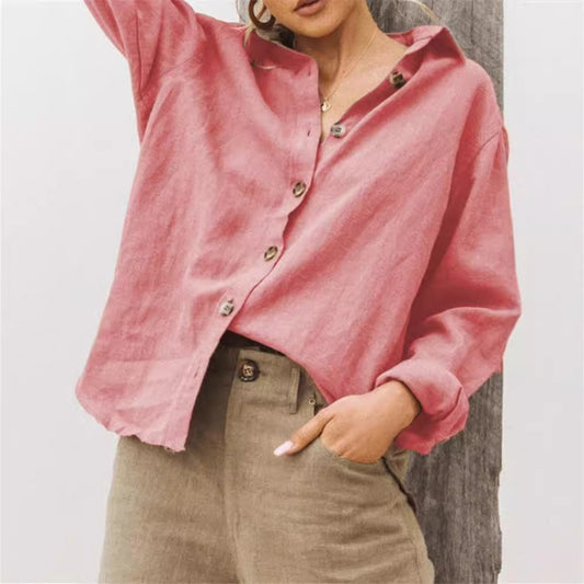 Women’s Shirt – Loose Fit – Cotton Linen – Long Sleeve – Button Front – Lapel Collar