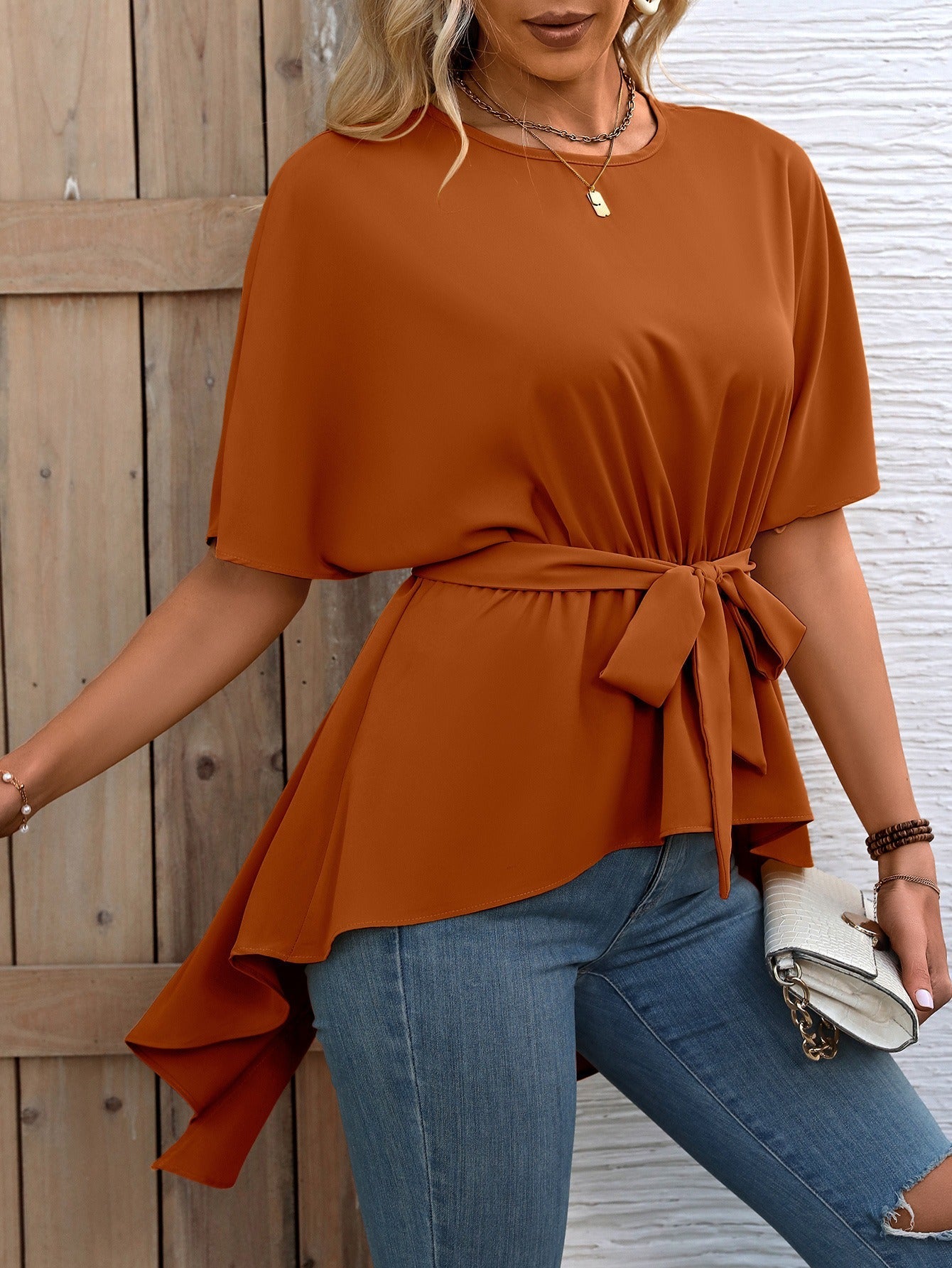 Women’s Blouse – Relaxed Fit – Tie Waist – Short Sleeve – Flowy Lightweight Fabric