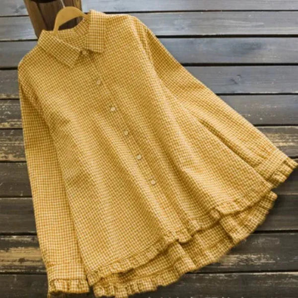 Women’s Button-Down Shirt – Cotton Linen – Loose Fit – A-Line Ruffle Hem – Checkered