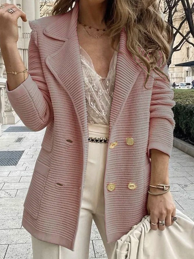 Women’s Jacket Coat – Tailored Fit – Ribbed Texture – Double-Breasted – Lapel Collar
