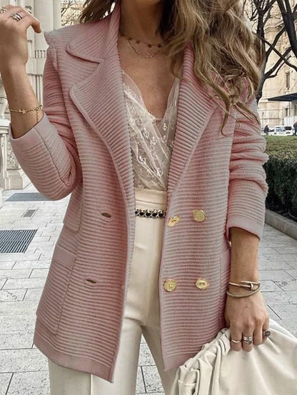Women’s Jacket Coat – Tailored Fit – Ribbed Texture – Double-Breasted – Lapel Collar