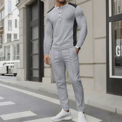 Men’s Two-Piece Set – Slim Fit Waffle Knit – Henley Shirt and Tapered Pants