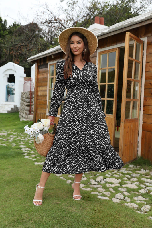 Women’s Midi Dress – V-Neck – Long Sleeve – Flared Skirt – Cotton Feel – Polka Dot