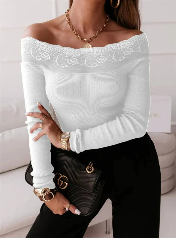 Women’s Off-Shoulder Top – Slim Fit – Lace Neckline – Ribbed Knit – Long Sleeve