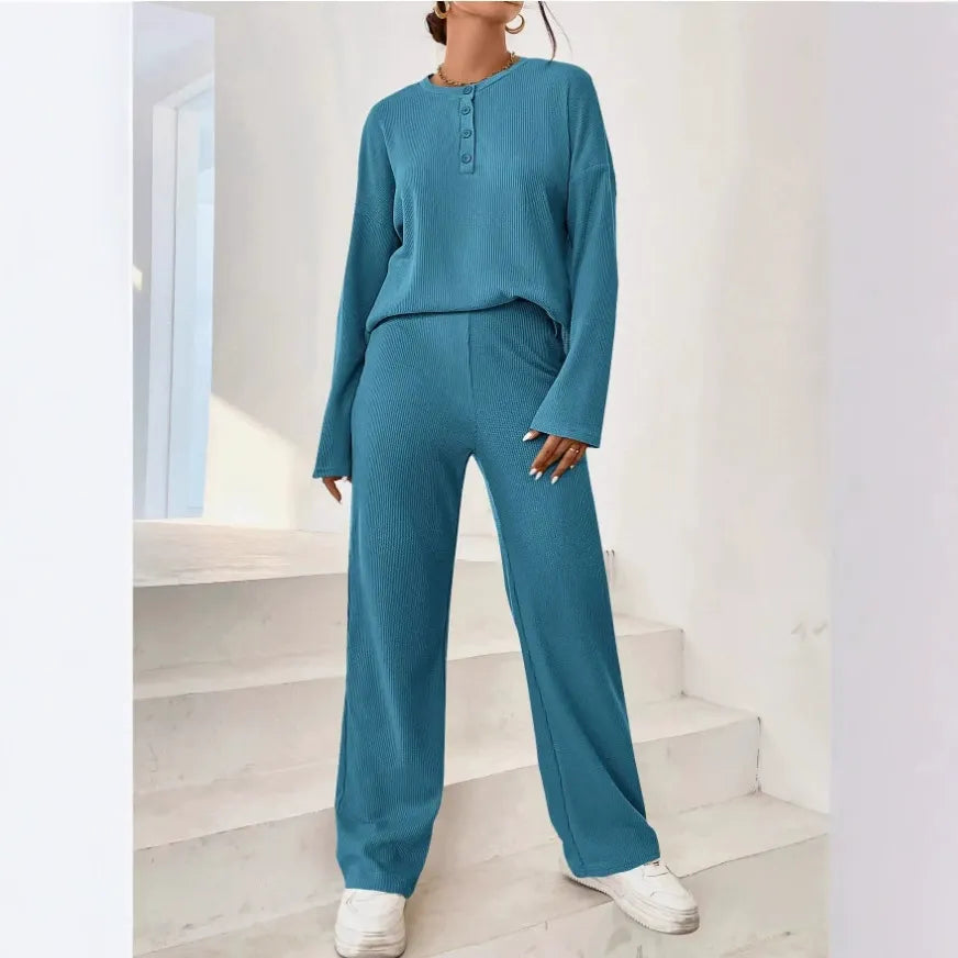 Women’s Loungewear Set – Ribbed Knit – Relaxed Fit Pullover – Full-Length Pants