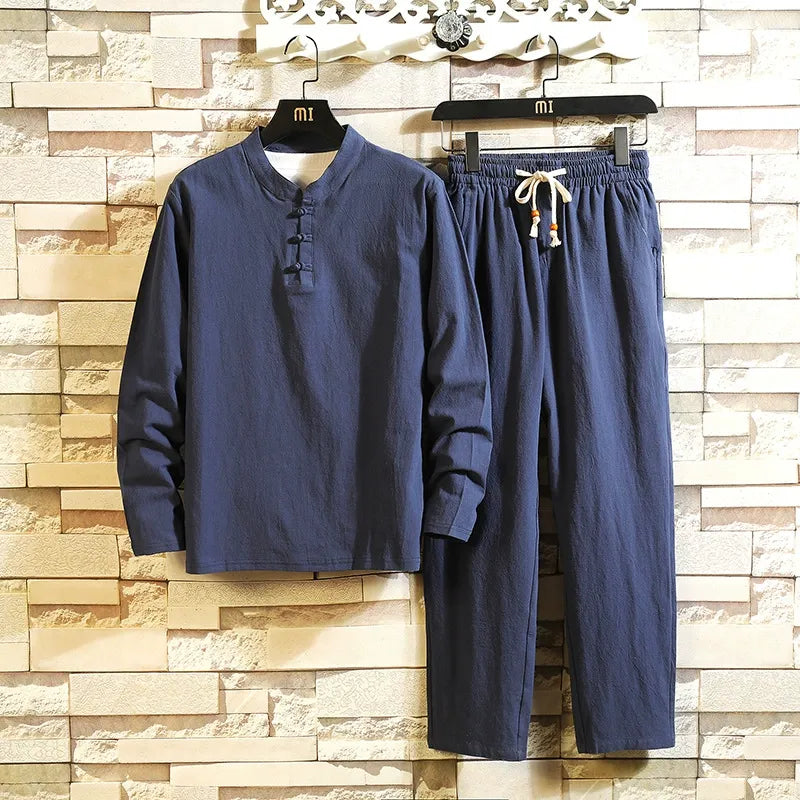 Men’s Traditional Two-Piece Suit – Cotton Linen – Relaxed Fit – Mandarin Collar Top