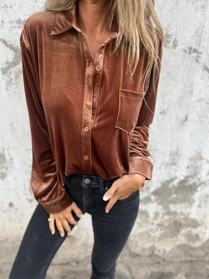 Women’s Velvet Shirt – Loose Fit – Long Sleeve – Single-Breasted Casual Style