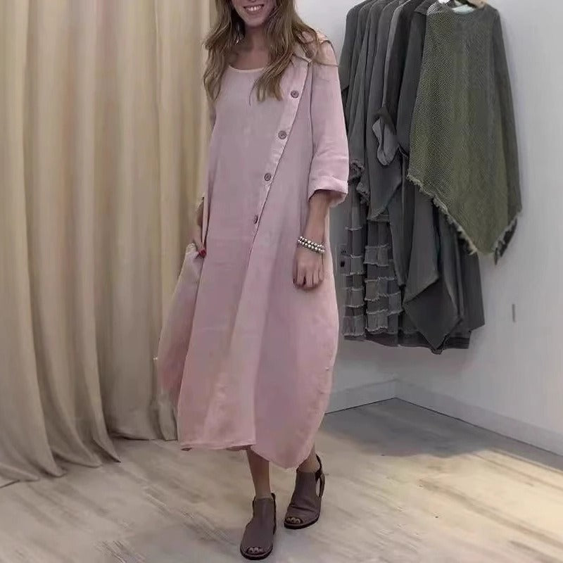 Women’s Maxi Dress - Cotton Blend - 3/4 Sleeve - Round Neck - Asymmetrical Hem