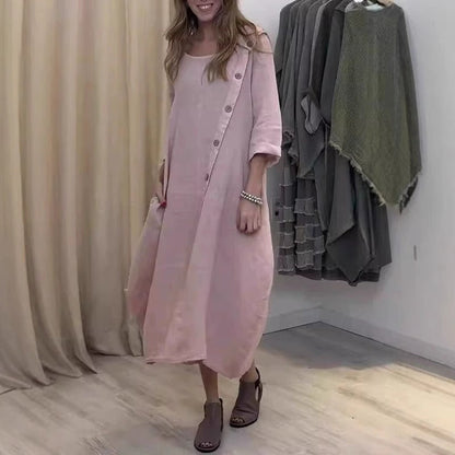 Women’s Maxi Dress - Cotton Blend - 3/4 Sleeve - Round Neck - Asymmetrical Hem