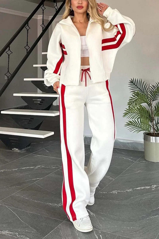 Women’s Jacket Set – Relaxed Fit – Cotton Blend – Striped Sleeve – Athleisure Wear