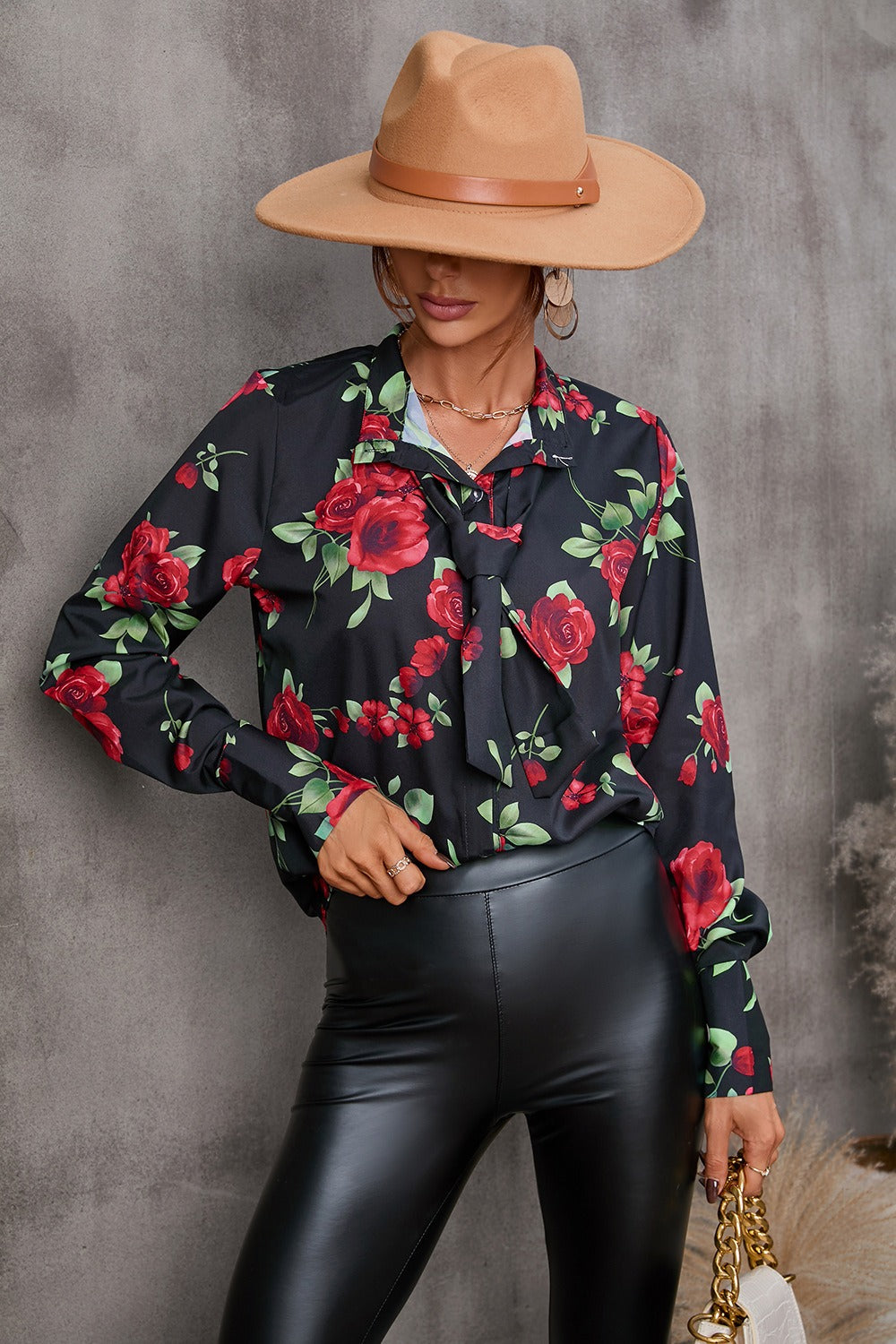 Women’s Long Sleeve Shirt – Tailored Fit – Tie Neck – Abstract Print – Button Cuffs