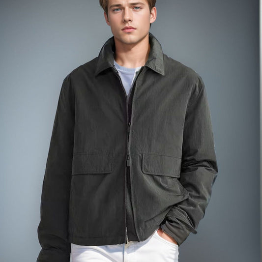 Men’s Jacket – Relaxed Fit – Lightweight – Textured Fabric – Stand Collar – Zip Front