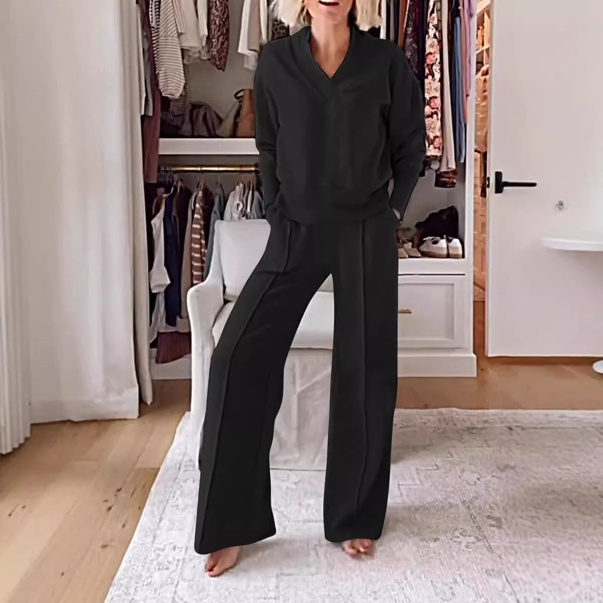 Women’s Two-Piece Set – V-Neck Long Sleeve Top – High Waist Wide-Leg Pants – Knit Fabric