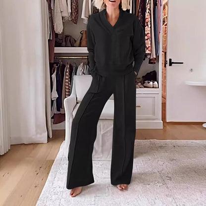 Women’s Two-Piece Set – V-Neck Long Sleeve Top – High Waist Wide-Leg Pants – Knit Fabric