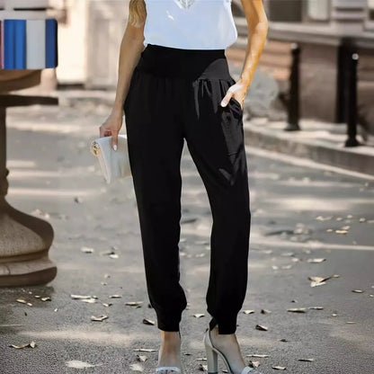 Women’s Casual Pants – High Waist – Tapered Fit – Ribbed Cuffs – Cotton Blend – Pockets