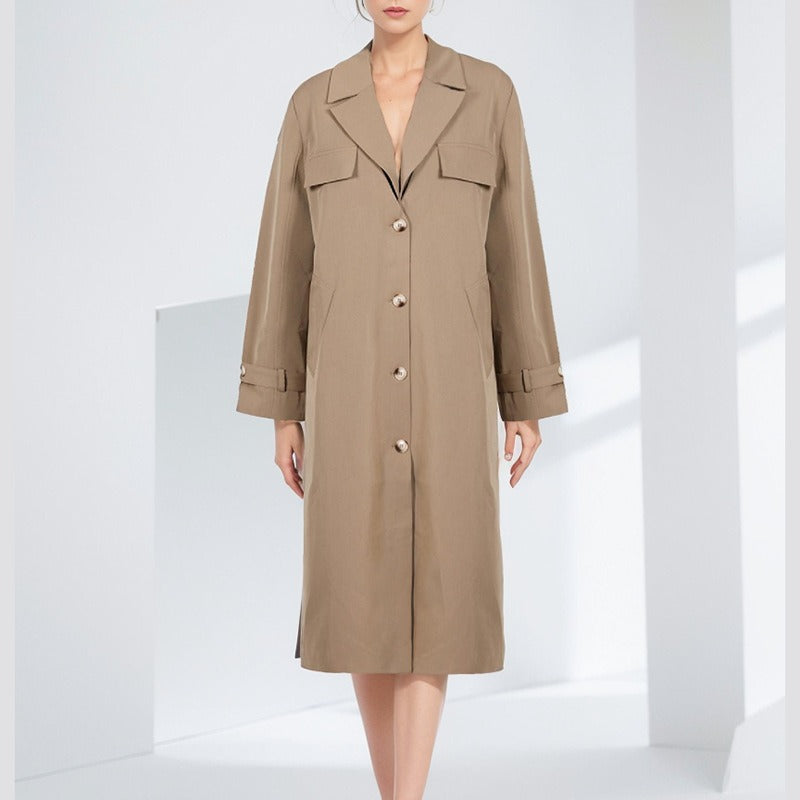 Women’s Midi Trench Coat Relaxed Fit - Smooth Woven Fabric - Notched Lapel - Utility Pockets