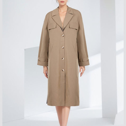 Women’s Midi Trench Coat Relaxed Fit - Smooth Woven Fabric - Notched Lapel - Utility Pockets