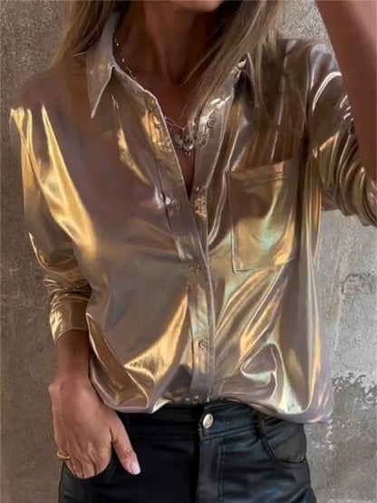 Women’s Button-Down Shirt – Faux Leather Look – Relaxed Fit – Long Sleeve Casual Wear