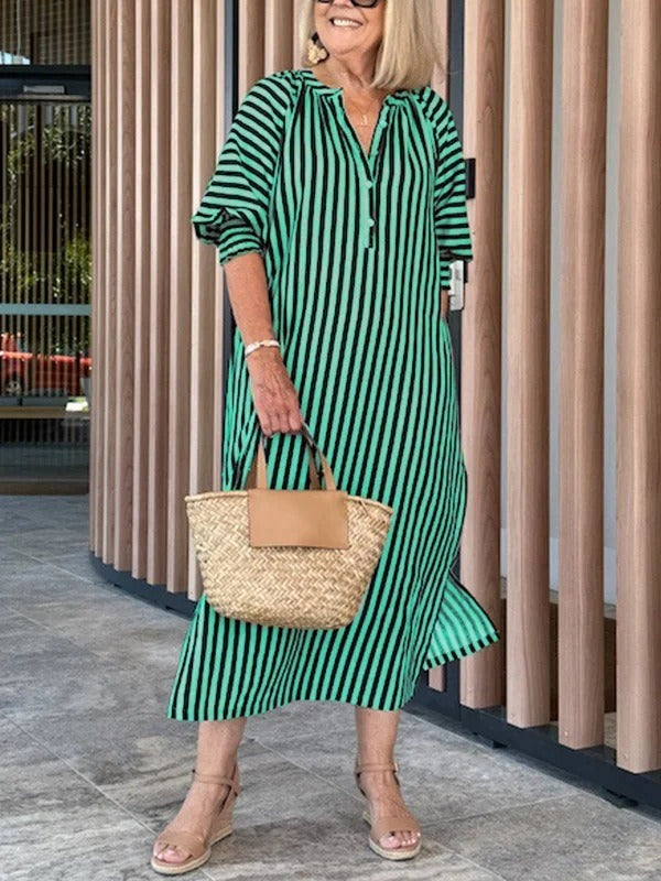 Women’s Midi Dress – Relaxed Fit – V-Neck – Flutter Sleeve – Striped Cotton Blend