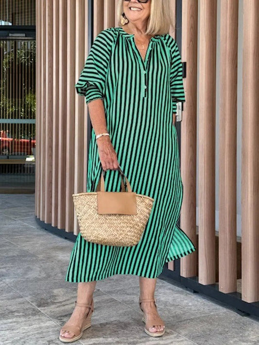 Women’s Midi Dress – Relaxed Fit – V-Neck – Flutter Sleeve – Striped Cotton Blend